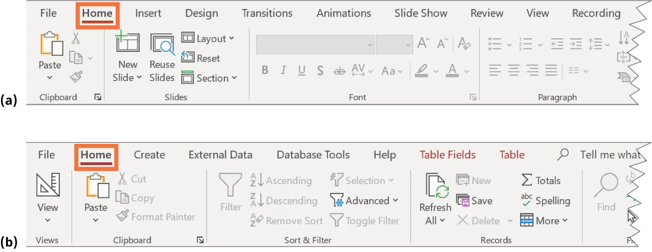 (a) PowerPoint tabs visible: File, Home, Insert, Design, Transitions, Animations, Slide Show, Review, View, and Recording. (b) Access tabs visible: File, Home, Create, External Data, Database Tools, Help, Table Fields, and Table