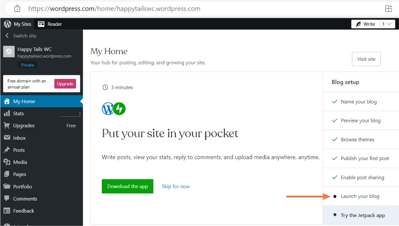 MyHome page displays pane for Blog with options for: Name your blog, Preview your blog, Browse themes, Publish your first post, Enable post sharing, Launch your blog (highlighted), Try the Jetpack app.