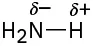 The chemical structure of ammonia with a  delta minus charge on nitrogen and a delta plus charge on hydrogen.