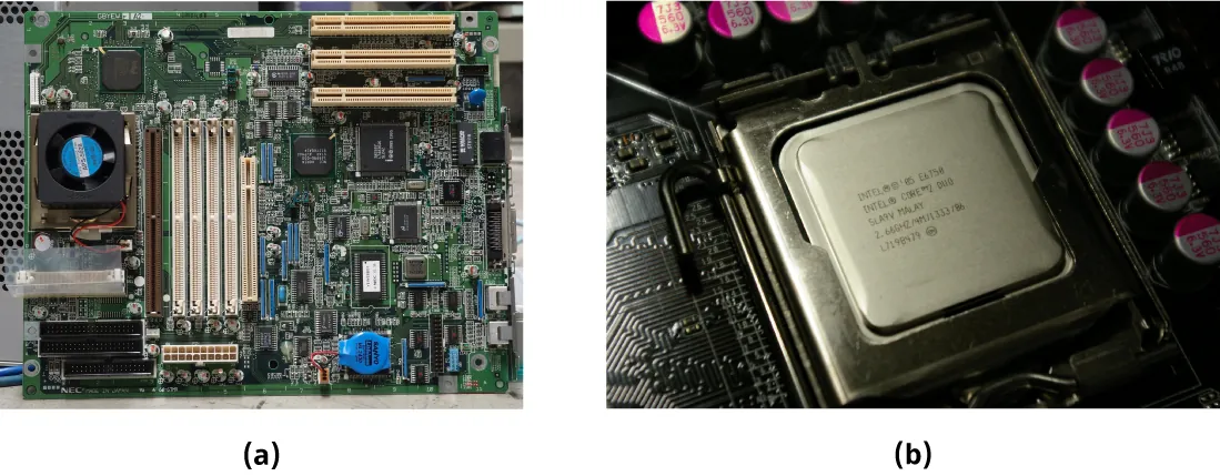 (a) Photo of a computer motherboard various pieces in different shapes, sizes, and colors. (b) Photo of a silver rounded square computer piece nestled in a dark square piece.