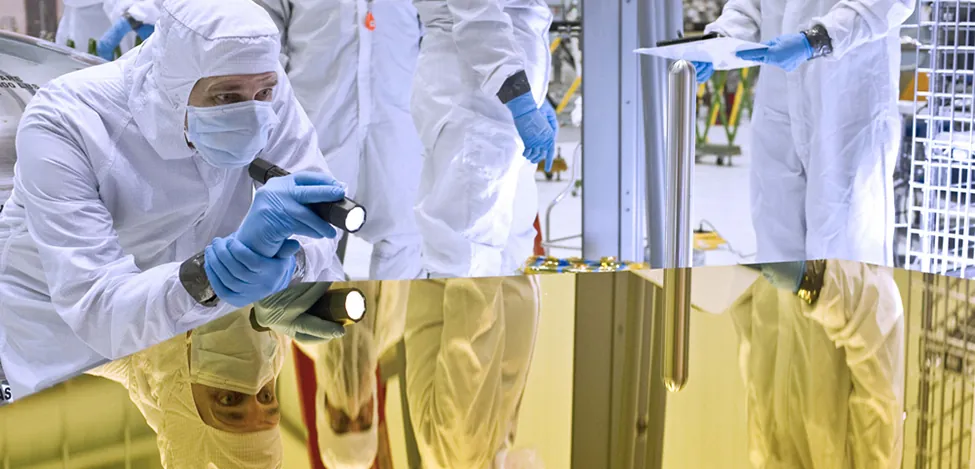 A scientist is holding a flashlight and is bending over a mirror to examine its surface. The mirror is reflecting the image of the scientist and his fellow coworkers.[/Figure][S1-LO1]