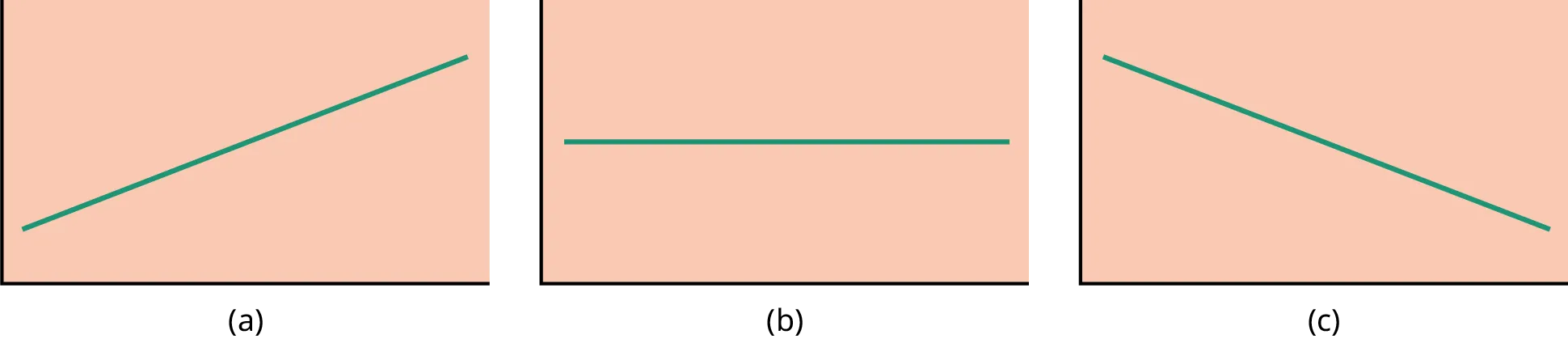 Three separate boxes show line graphs labeled a, b, and c, respectively. Graph a shows a line sloping upward to the right. Graph b shows a horizontal line. Graph c shows a line sloping downward to the right.