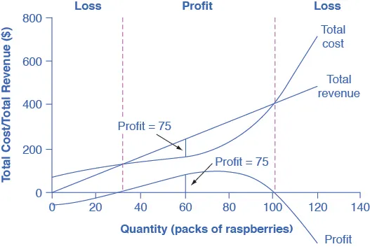 The graph shows that firms will incur a loss if the total cost is higher than the total revenue.  The x-axis is the quantity of raspberry packs.  The y-axis is the total cost/total revenue.  The description of the graph is located in the paragraph below the table.  