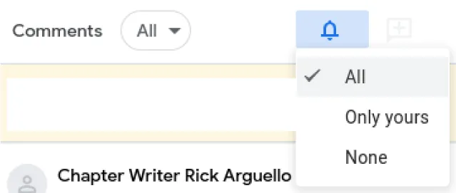 A bell icon for Change email notification settings for this document is selected and opens to these options: All (selected), Only yours, and None.