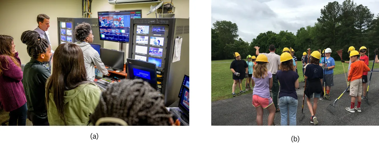 Photo of (a) group of adolescents working on a video production system and (b) a group of adolescents wearing hard hats and holding rakes in a field.