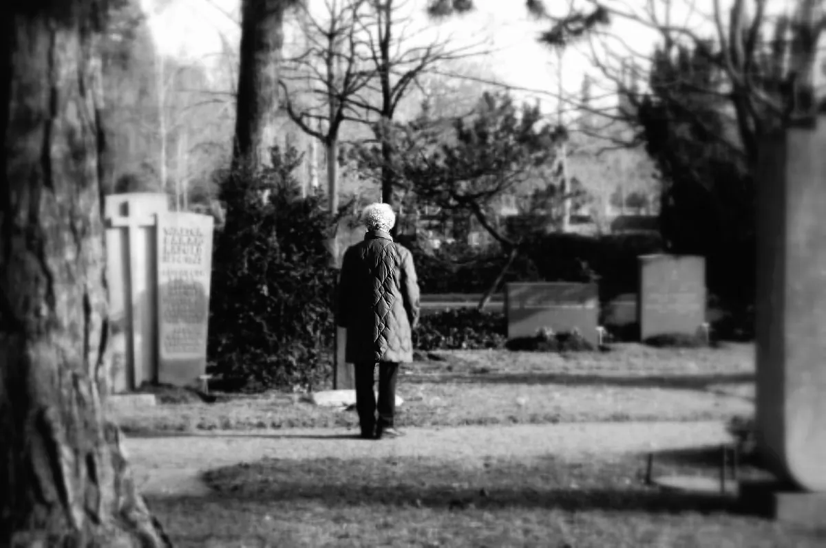 A photograph shows a person walking in cemetery.