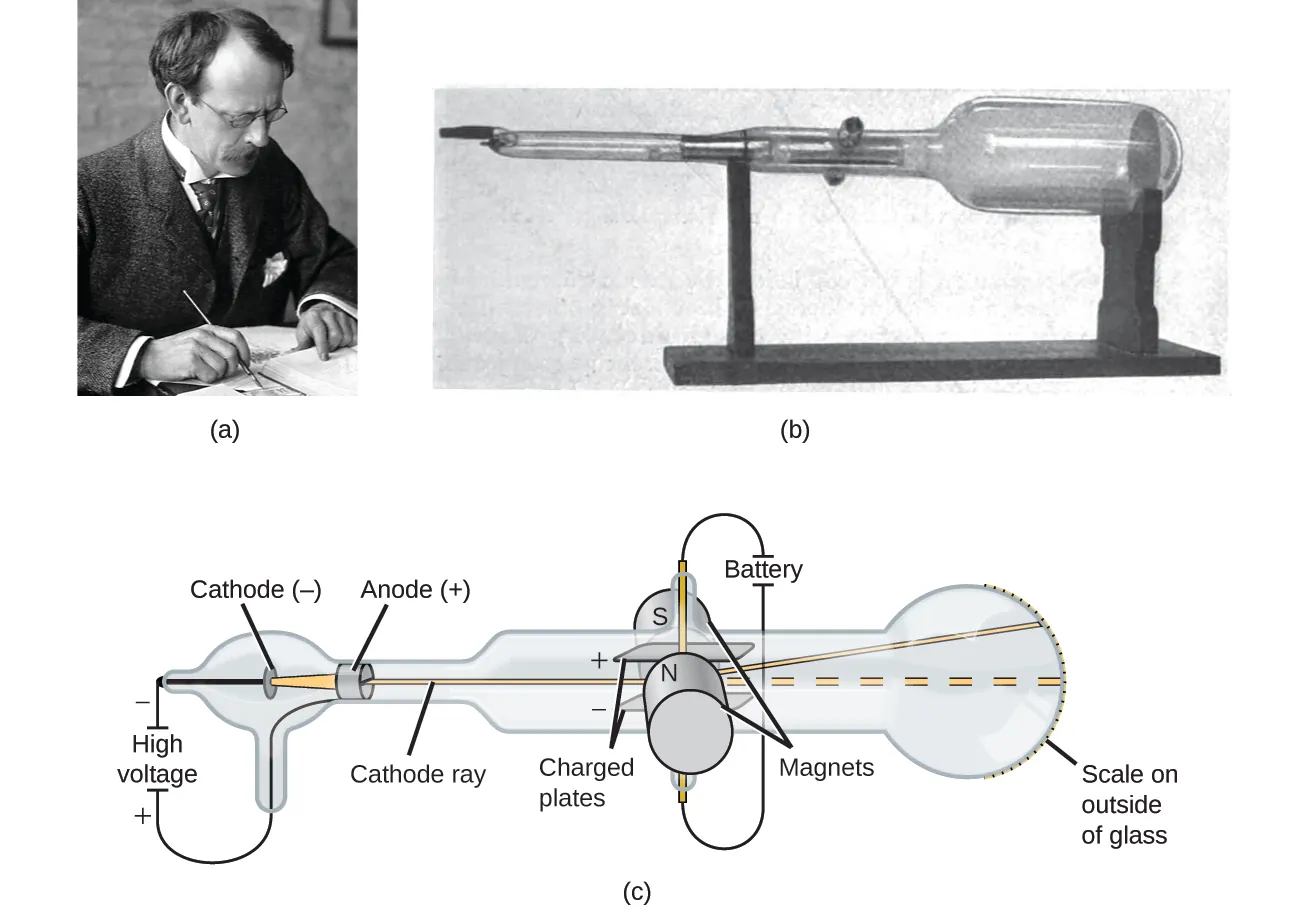 Figure A shows a photo of J. J. Thomson working at a desk. Figure B shows a photograph of a cathode ray tube. It is a long, glass tube that is narrow at the left end but expands into a large bulb on the right end. The entire cathode tube is sitting on a wooden stand. Figure C shows the parts of the cathode ray tube. The cathode ray tube consists of a cathode and an anode. The cathode, which has a negative charge, is located in a small bulb of glass on the left side of the cathode ray tube. To the left of the cathode it says “High voltage” and indicates a positive and negative charge. The anode, which has a positive charge, is located to the right of the cathode. Two charged plates are located to the right of the anode, and are connected to a battery and two magnets. The magnets are labeled “S” and “N.” A cathode ray is generated from the cathode, travels through the anode and into a wider part of the cathode ray tube, where it travels between a positively charged electrode plate and a negatively charged electrode plate. The ray bends upward and continues to travel until it hits the wide part of the tube on the right. The rightmost end of the tube contains a printed scale that allows one to measure how much the ray was deflected.