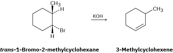 A reaction in which trans-1-bromo-2-methylcyclohexane forms 3-methylcyclohexene in the presence of K O H.