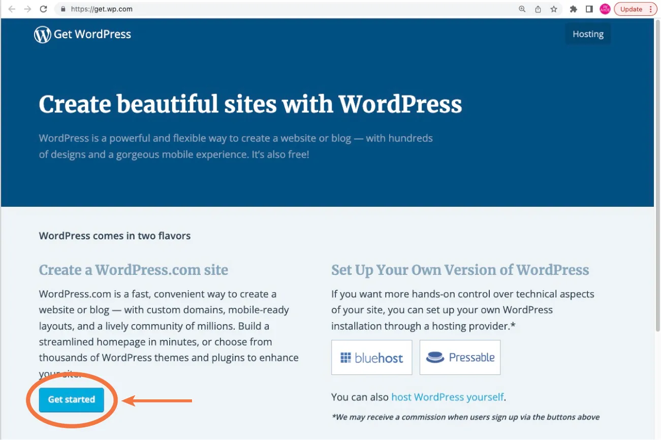 The web page for https://get.wp.com is visible. The page describes WordPress and a blue Get started button is located at the bottom right.