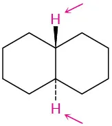 A cyclohexane ring is fused to another cyclohexane ring. The top and bottom fusion sites are wedge bonded to hydrogen (highlighted) and dash bonded to another hydrogen (highlighted), respectively.