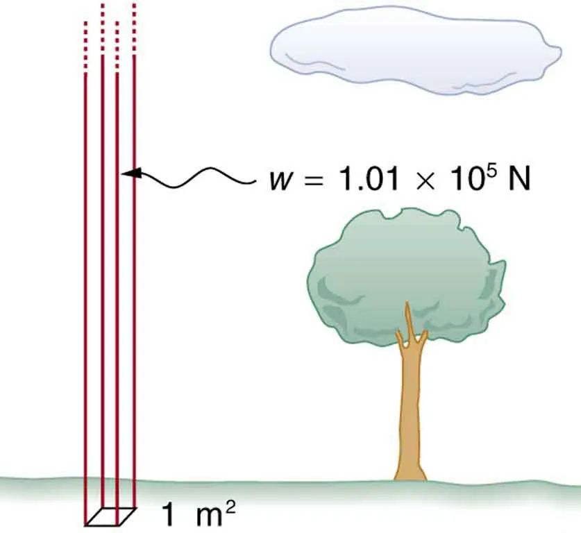 Figure shows a column of air exerting a weight of one point zero one times ten to the power five newtons on a rectangular patch of ground of one square meter cross section.