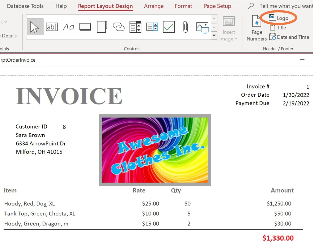 Logo is selected in Header/Footer command group on Report Layout Design tab. A rainbow colored, swirly logo with Awesome Clothes Inc. in blue font is inserted in the middle of an invoice.