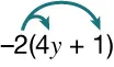 The expression -2(4y + 1) with one arrow curving from -2 to 4y, and another from -2 to 1, indicating distribution of -2 to both terms inside the parentheses.