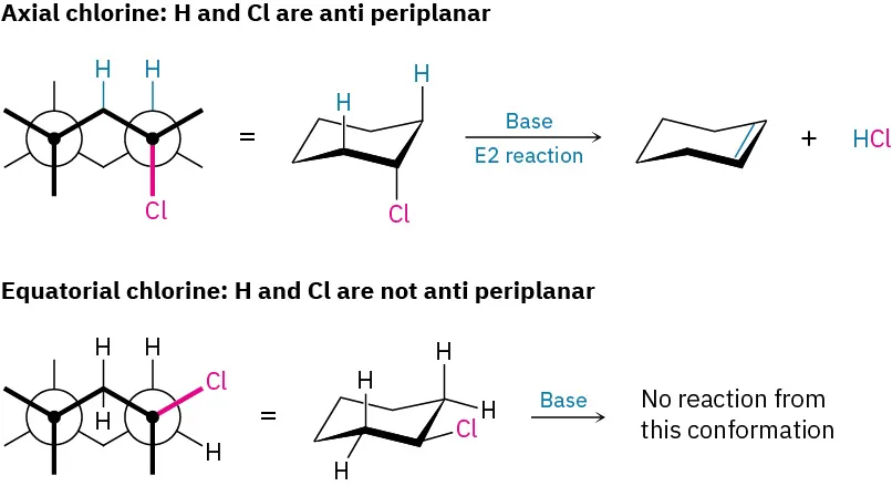 The reactant's Newman projection and chair conformation is depicted. In antiperiplanar conformation (Cl axial), the reaction forms cyclohexene and HCl. In non-antiperiplanar conformation (Cl equatorial), there is no reaction.