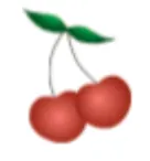 A digital illustration of two red cherries with green leaves attached to their stems on a white background.