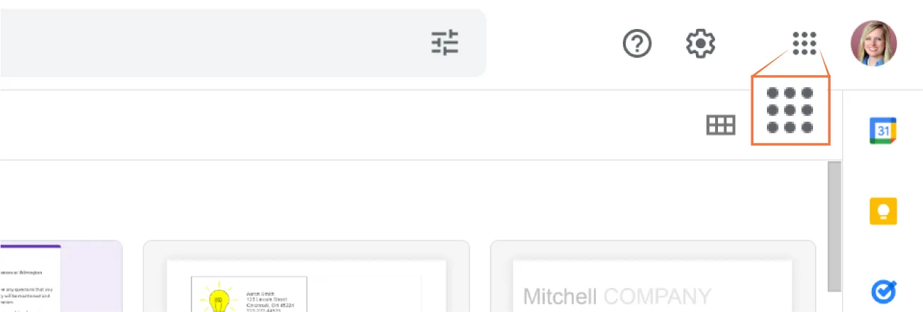 A Google window shows an icon of nine dots arranged in a 3 × 3 array on the upper right side to represent the menu of apps.