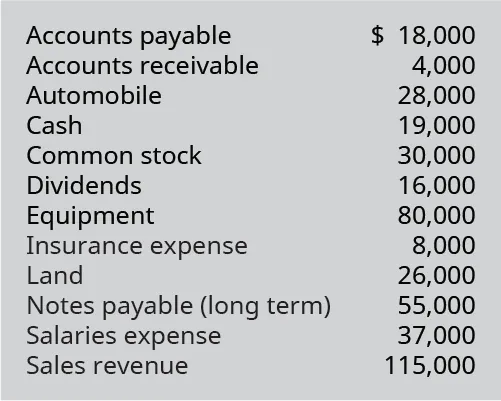 Accounts payable $18,000; Accounts receivable 4,000; Automobile 28,000; Cash 19,000; Common Stock 30,000; Dividends 16,000; Equipment 80,000; Insurance expense 8,000; Land 26,000; Notes payable (long term) 55,000; Salaries expense 37,000; Sales revenue 115,000.