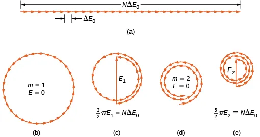Figura a przedstawia 30 wskazów leżących na linii o długości N delta E subscript 0. Długość wskazu wynosi delta E subscript 0. Figura b przedstawia koło ze wskazami wskazującymi kierunek przeciwny do ruchu wskazówek zegara. Podpis pod rysunkiem ma postać m równa się 1, E równa się 0. Figura c przedstawia wskazy rozmieszczone wzdłuż okręgu. Wskazy zaczynają się w punkcie leżącym na dnie okręgu i okrążają półtora raza okrąg w kierunku przeciwnym do ruchu wskazówek zegara. Strzałka opisana jako E1 łączy wskaz początkowy z końcowym. Tworzy ona średnicę okręgu. Figura c jest opisana jako 3 przez 2 pi E1 równa się N delta E0. Figura d przedstawia wskazy leżące na okręgu. Zaczynają się one w punkcie leżącym na dnie okręgu i obiegają dwa razy okrąg w kierunku przeciwnym do ruchu wskazówek zegara. Figura ma podpis w postaci m równa się 2, E równa się 0. Figura e przedstawia wskazy wzdłuż okręgu. Zaczynają się one w punkcie leżącym na dnie okręgu i obiegają okrąg dwa i pół raza w kierunku przeciwnym do ruchu wskazówek zegara. Strzałka opisana jako E2 łączy punkt początkowy z punktem końcowym wskazu. Tworzy ona średnicę okręgu. Figura c jest opisana jako 5 przez 2 pi E2 równa się N delta E0.