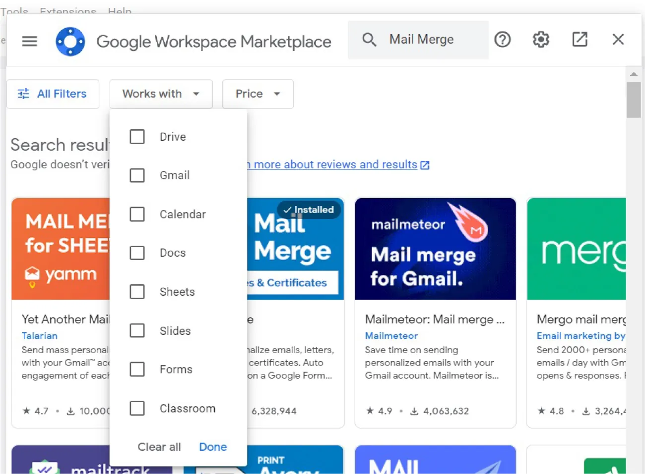 A Google Workspace Marketplace window opens an All Filters tab which opens to options for Drive, Gmail, Calendar, Docs, Sheets, Slides, Forms, and Classroom and Clear all and Done buttons.