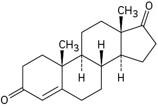 Cyclopentanone fused to cyclohexane with wedged methyl, dashed hydrogen. This is connected to cyclohexane with wedged hydrogen and methyl, dashed hydrogen. This is bonded to cyclohexanone with alkene.