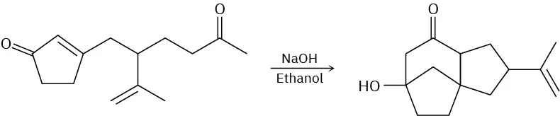 A cyclopentenone ring with a 5-ethyl-6-methylhept-6-en-2-one side chain reacts with sodium hydroxide and ethanol to yield a product in which a cyclohexanone ring is fused with two cyclopentane rings.