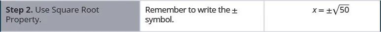 Step two is to use Square Root Property. Remember to write the plus or minus symbol. The equation created is x equals the positive or negative square root of 50.