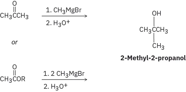 Acetone reacts first with methylmagnesium bromide, then hydronium, to produce 2-methyl-2-propanol. C H 3 C O R reacts first with 2 equivalents methylmagnesium bromide, then hydronium, to produce same product.