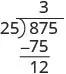 87 minus 75 is 12, which is written under 75.
