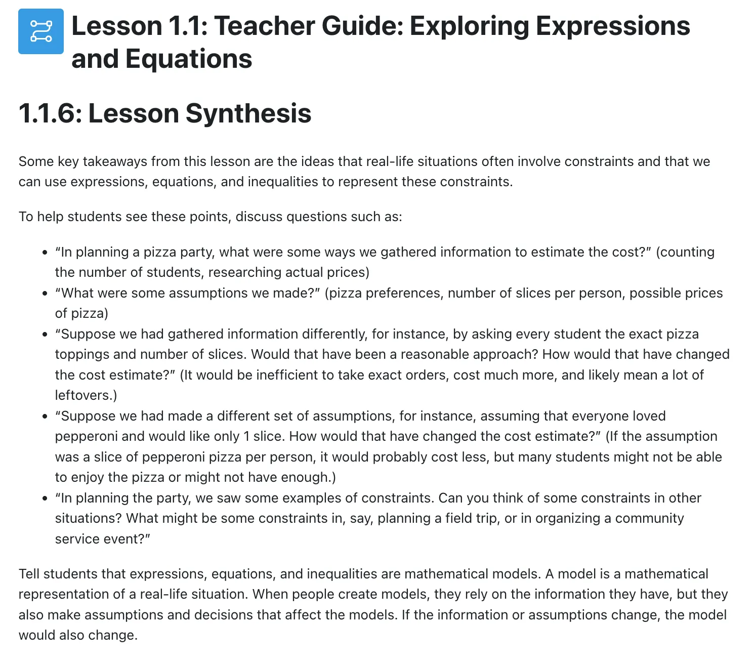 A screenshot from the curriculum showing a set of synthesis questions that could be used to conclude the lesson where students planned a pizza party.