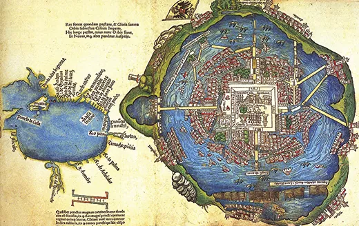 A map shows the city of Tenochtitlán. The rendering depicts waterways, sophisticated buildings, ships, and flags. Numerous causeways connect the central city to the surrounding land.