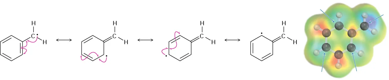 Four benzylic radicals with double-headed arrows in-between. To the right, the ball-and-stick model with the electrostatic potential map of benzylic radical is depicted.