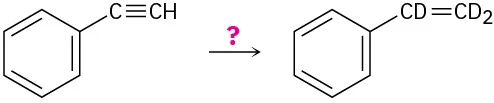 Ethynylbenzene reacts with an unknown reagent indicated as a question mark to form a deuterium-substituted alkene.