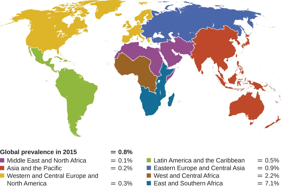 Map of global prevalence of HIV in 2015. Description below.