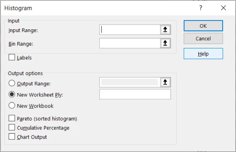 Histogram pans displays Input options for Input Range, Bin Range, Labels. Output options include: Output Range, New Worksheet Ply, New Workbook, Pareto (sorted histogram), Cumulative Percentage, Chart Output.
