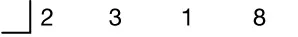 Synthetic division setup: blank  outside, coefficients 2, 3, 1, and 8 inside.