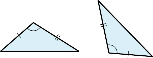 Two triangles. The left side of the first triangle and the bottom side of the second triangle are congruent. The left side of the second triangle and the right side of the first triangle are congruent. The top angle of the first triangle and the bottom-left angle of the second triangle are congruent.