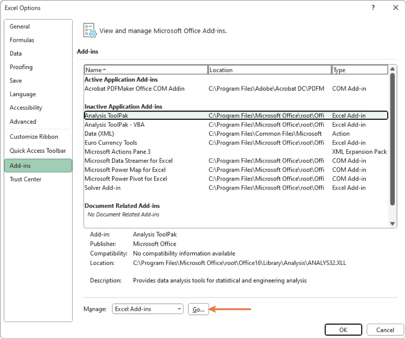 Add-ins is selected in Excel Options. Add-ins window displays options for Manage: Excel Add-ins. Go button is located to the right. OK button visible at bottom right.