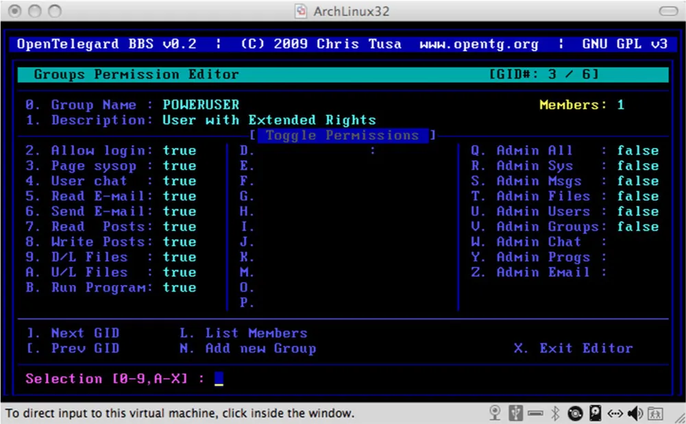 An image of a black computer screen with words and numbers typed in white, blue, green and pink all over is shown. Across the top in a gray bar are three circles on the left, the words “ArchLinux32” in the middle and an oval rectangle on the right. Across the bottom in a gray bar are the words “To direct input to this virtual machine, click inside the window.” are printed. On the bottom right are 10 icons: a picture of a camera, a gray box with a line branching off in three parts, a rectangle with a dark rectangle on the bottom, a line with two lines in a “v” shape on the left and two triangles on the right, a black circle with many other circles inside and two white dots on either side, a rectangle with a white circle at the top, three squares with “<” on the left and “>” on the right of those squares, a speaker with round circles coming out on the right, and a box with two people walking toward each other in it. At the bottom right are three lines drawn across the corner.
