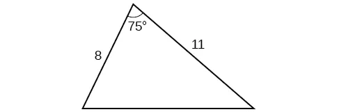 Un triángulo. Un ángulo es de 75 grados con el lado opuesto desconocido. Los lados adyacentes al ángulo de 75 grados son 8 y 11.