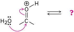 Protonated acetone undergoes a reversible reaction with water to produce unknown product(s), depicted by a question mark. Arrows indicate water attacks carbonyl, pushing electrons toward carbonyl oxygen.