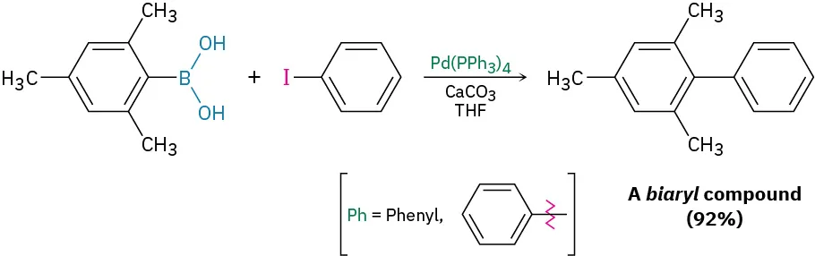 The reaction of an aromatic substituted boronic acid and iodobenzene in the presence of palladium-tetrakis(triphenylphosphine), calcium carbonate, and tetrahydrofuran form a biaryl compound (92%).