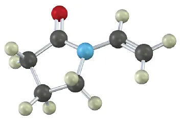 A ball-and-stick model of a monomer showing five-carbon chain with nitrogen, carbonyl, and alkene bond. Carbon, hydrogen, oxygen, and nitrogen are denoted using black, gray, red, and blue spheres, respectively.