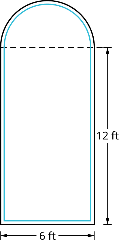 A polygon shows a semicircle resting on top of a rectangle. The length and width of the rectangle measure 12 feet and 6 feet. The radius of the semicircle measures 6 feet.