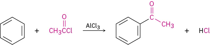 Benzene reacts with acetyl chloride in the presence of aluminum trichloride to form benzene bonded to an acetyl group and hydrogen chloride.