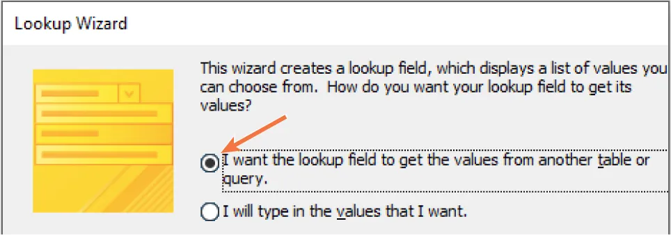 Lookup Wizard window lists options for I want the lookup field to get the values from another table or query (selected/indicated) and I will type in the values that I want.