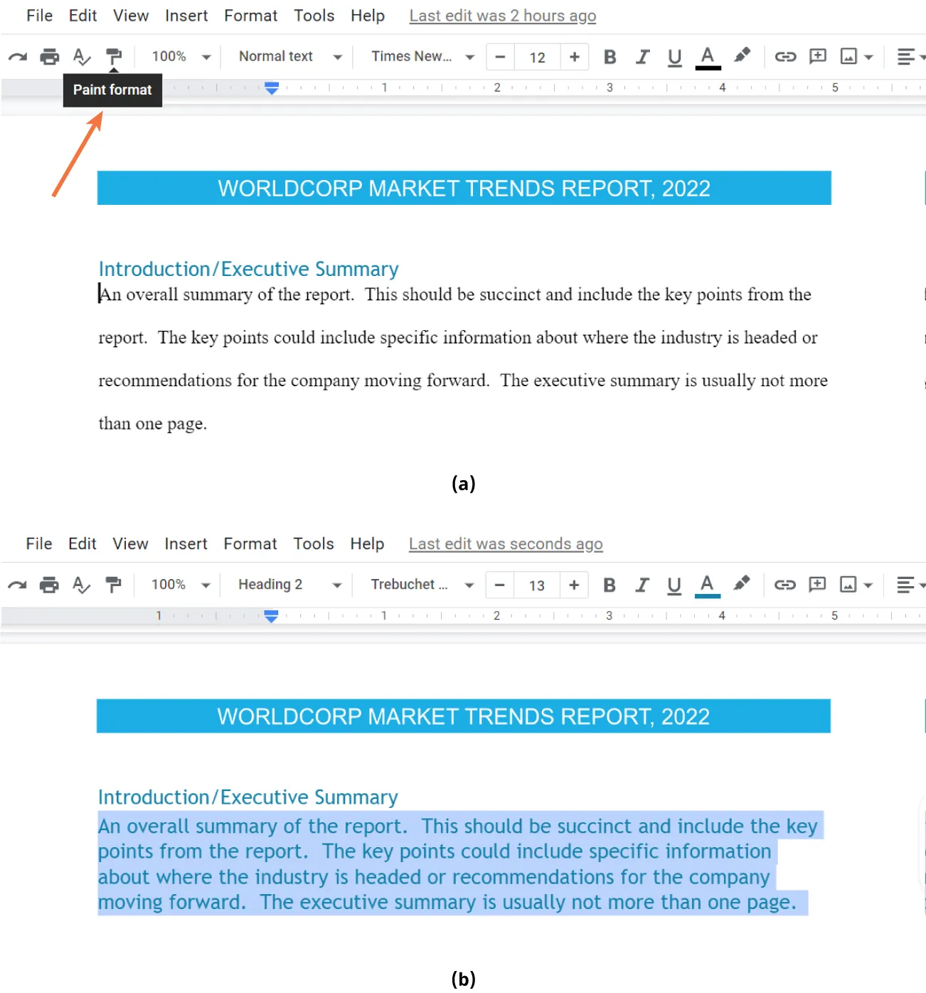 (a) Paint format is selected in a document. (b) A paragraph in the document is highlighted with text now a blue color. The Text color button reflects the blue color.