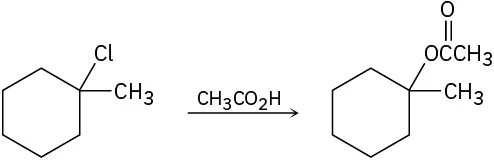 1-chloro-1-methylcyclohexane reacts with acetic acid. Product has acetate substituted for chlorine.