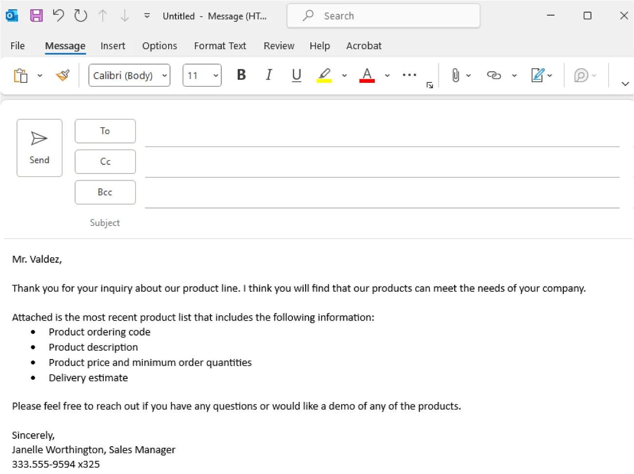 An email window is displayed. The body of the email shows a thank you letter formatted as a business letter.