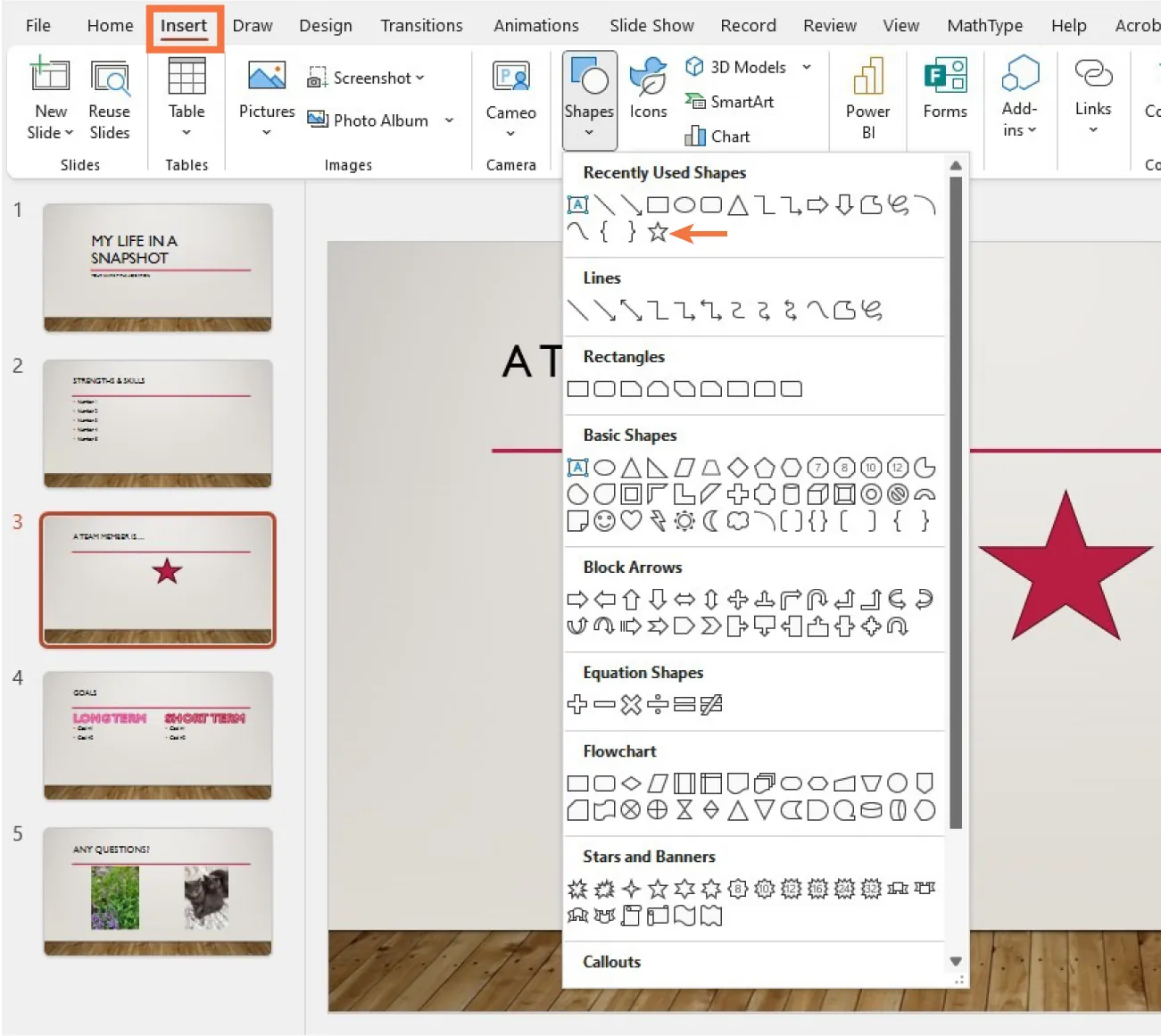 Screenshot of the Shapes button selected in the Illustrations command group of the Insert tab of PowerPoint. A pane opens to display various lines, shapes, and images for selection.