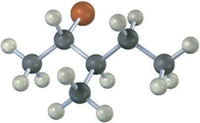 The ball-and-stick model of a bromo alkane. The gray, black, and red spheres represent hydrogen, carbon, and bromine, respectively.